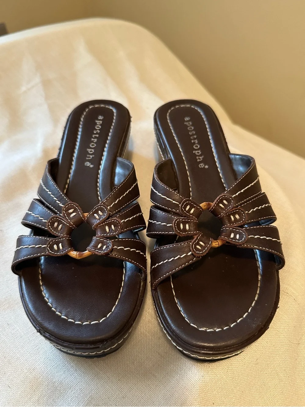 Y2K Apostrophe Sonya Brown Leather Wedge Slide Sandals 7 Boho 90s Chunky Grunge